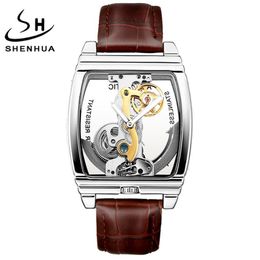 SHENHUA Turbillon Mens Watches Luxury Automatic Mechanical Wristwatch Genuine Leather Belt Transparent Skeleton Male Gold Clock 2896