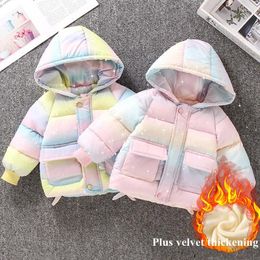 Jackets 2024 Winter Down Jacket For Girls Hooded Plus Velvet Warm Children Coat 1-6 Years Toddler Kids Cotton Parkas Outerwear