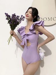 Women's Swimwear Purple Ruffle Ladies Korean 2024 Swimsuit Fairy One-piece Spring Cover Belly Small Chest Gathered Swimsuits