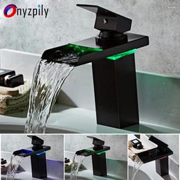 Bathroom Sink Faucets LED Luminous Basin Faucet Copper Waterfall Water Temperature Control Discoloration Table Washbasin Mixer Tap