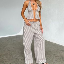 Women's Two Piece Pants Women Summer Outfits Stripe Tie-Up Halter Neck Backless Sleeveless Tank Tops Wide-Leg 2 Pieces Clothes Set