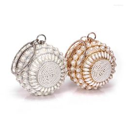 School Bags Women Round Clutch Handbag Artificial Pearl Beaded Ring Handle Purse Banquet Party Evening Bag