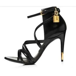 Shipping 2019 Free Ladies paet leather 11CM high heel Dress Shoes Metal Lock key open Toe sandals black white co e71