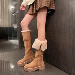Boots Women Knee High Snow Belt Buckle Fleece Woman Platform Chunky Shoes Fashion Fur Suede Wedges Thigh