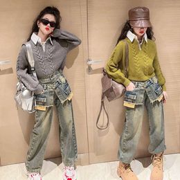 Autumn Winter Teen Girls Sweater Fashion Korean Spliced ​​Shirt Collar Fake Two Piece Sweaters Kids Långärmad stickad topp L