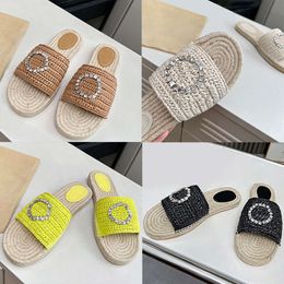 Designer Interlocking Slides Espadrille Raffia Slippers Women Crystals Flat Shoes Rubber Sole Summer Beach Sandals With Box 568