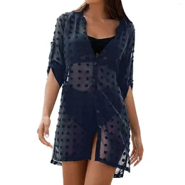 Casual Dresses 2024 Summer Chiffon Shirt For Women Solid Swimsuit Cover Ups Button Up Beach Holiday See-through Dress Long Tunic Tops