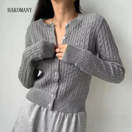 Women's Knits Women Cable Twist Knitted Cardigan Round Collar Centre Buttons Sweater Full Sleeve Short Jumper Grey