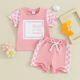 Clothing Sets Infant Baby Girls Casual Clothes Summer Kids Outfit Plaid Patchwork Letter Print Short Sleeve T-Shirt Elastic Shorts Toddler