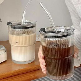 Wine Glasses 450ml Stripe Glass Cup Transparent With Lid And Straw Ice Coffee Mug Tea Juice Milk Water Drinkware