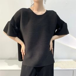 Miyake Pleats Classic and Simple Solid Color Top Women Summer Chic Ruffled Sleeves O-neck Female Loose Oversized T Shirt 240521