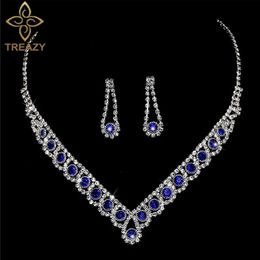 TREAZY Royal Blue Crystal Bridal Jewellery Sets Rhinestone Statement Choker Necklace Earrings Women Wedding 240511