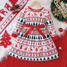 Girl Dresses Girls Christmas Dress Printed Winter Long Sleeve Casual Twirly With Bowknot Belt Party Outfits For
