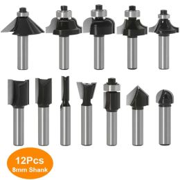 12Pcs/Set 8mm Shank Wood Router Bit Straight End Mill Trimmer Cleaning Flush Trim Corner Round Cove Box Bit Tools Milling Cutte
