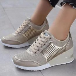 Casual Shoes Trendy Design And Sporty For Women's Spring 2024 Thick Sole Sloping Heel Sequin Lace Up Mesh Breathable Single Shoe