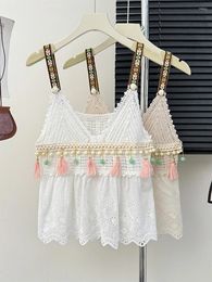 Women's Tanks Bohemian Tank Top Women V Neck Hook Flower Hollow Tassel Camisole Beach Style Cutwork Sleeveless Sling Vest Summer Drop