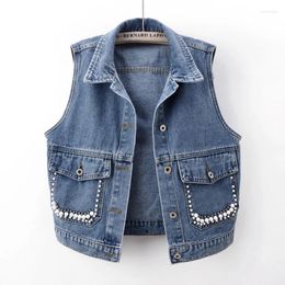 Women's Vests Spring Autumn Vintage Blue Beading Big Pocket Denim Vest Women Slim Short Cowboy Waistcoat Sleeveless Jeans Jacket Coat Female