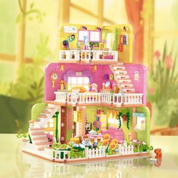 Blocks 1375 Creative City Residential Interior Landscapes Pink Sweet Architecture Block Room Journey with LED Light Bricks Girl Toy Gifts H240522