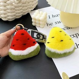 Keychains Lanyards Fluffy real Rex rabbit fur keychain fruit watermelon toy real fur ball pendant metal car keyring bag charm womens pavilion Q240521