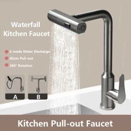 3-Mode Handle Pull Stainless Steel Kitchen Faucets Single Hole Deck Mounted Waterfall Stream Sprayer Sink Tap Cold and Hot Mixer Faucets