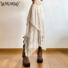 Skirts RORORIRI Irregular Ruffle Midi Long Lace Skirt Women Flowy Bohemian Elastic Waist Draped Layered Cake Y2k Vintage Clothing