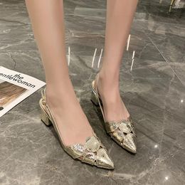 Casual Shoes 2024 Fashion Women's Leather High Heels Pointed Toe Gold Heel Sandals Women Wedding Bridal