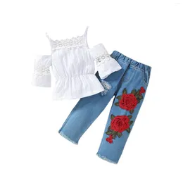 Clothing Sets Toddler Spring Girls Halter Lace Solid Colour Top Elastic Embroidered Ripped Jeans Sundress Of Casual Suit Girl Outfit