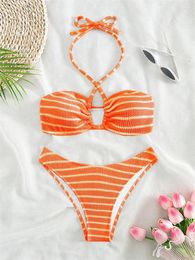 Women's Swimwear Sexy Orange Striped Bikini Set 2024 Women Halter Pleate Push Up Micro Swimsuit Summer Bathing Suit High Waist