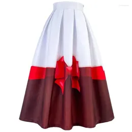 Skirts Elegant High Waist Long Pleated Skirt For Women Aesthetic Red Bows Print Block Color Birthday Party Holiday Spring Summer 2024