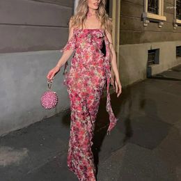 Casual Dresses Sexy Backless Floral Print Off-shoulder Ruffle Long Dress Elegant Beach Holiday Sundress Fairy Grunge For Women 2024