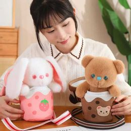 Plush Dolls Fun filled rabbit bear plush doll strawberry carrot rabbit plush toy soft bear in milk tea bag creative childrens birthday gift H240521