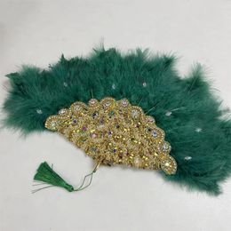 Decorative Figurines 1pcs African Green Turkey Feather Hand Fan Handmade Fans For Wedding Decoration With Stones And Sequins