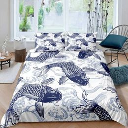 Bedding sets Koi Fish Duvet Cover Set Japanese Painting Style Decor 3 Piece with 2 Shams Queen Full Size Black White H240521 V2LM
