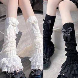 Women Socks Goth Cable Knit Leg Warmer Bowknot Tiered Ruffled Lace Hem Calf
