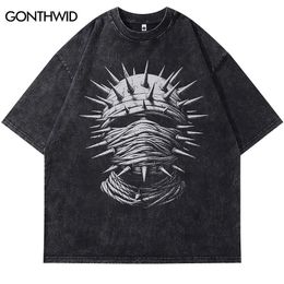 Vintage Black T-Shirt Chain Mask Graphic Print Punk Gothic Washed Tshirt Streetwear Men Hip Hop Loose Cotton 2024 Harajuku Tops 240521