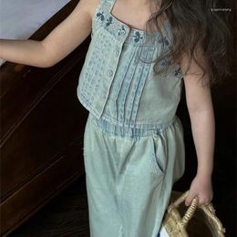 Clothing Sets Girls Fashion Casual Embroidery Pleated Short Vest Solid Calf Length Pants Two-piece Set 2024 Summer Children