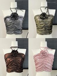 Women's Tanks Tank Top For Women Three-dimensional Flower Folds Exposed Shoulders Camisole Female Sexy Backless Solid Bustier Summer