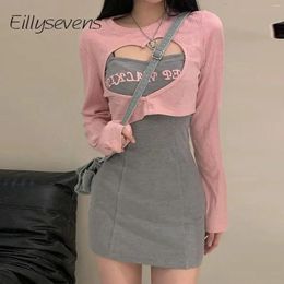 Casual Dresses Sweet Spicy Embroidered Suspender Dress And Pink Hollowed Out Top Cute Two-Piece Women'S Blouse Mid-Length Spring 2024
