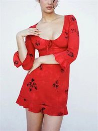 Casual Dresses Women Viscose Floral Red Mini Robe Sexy V-Neck Lace-Up Female High Waist Ruffles Three Quarter Sleeve Short Dress