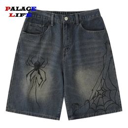 Y2K Denim Shorts Spider Cobweb Printed Summer Loose Casual Jeans Shorts Fashion Harajuku Hip Hop Streetwear Blue Short for Men 240513