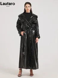 Women's Leather Lautaro Spring Autumn Extra Long Black Shiny Reflective Soft Stretchy Patent Trench Coat For Women Maxi Overcoat 2024