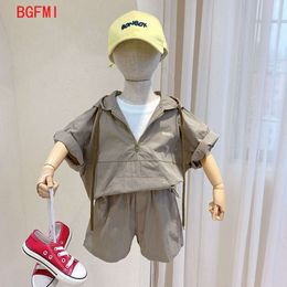 Summer Kids Clothes Korean Children's Clothing Baby Boy Suit Short-sleeved Fake Two-piece Hoodie + Shorts 2 Pcs Set 2-9 Years L2405