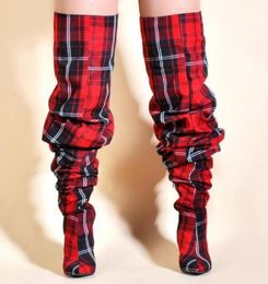 Limited Edition Folds Shoes Women Pleated Boots in Sexy Winter Over the Knee Boots Women High Heels Plaid Red Yellow Red7835842