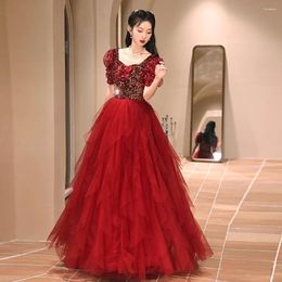 Party Dresses Women Evening Dress Luxury Glitter Sequin Red Tulle Tered For Birthday Burgundy Square Collar Princess Ball Gown