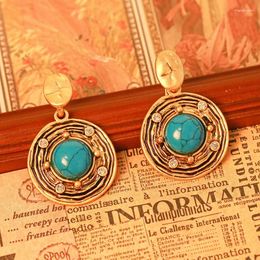 Stud Earrings Vintage Turquoise Round Diamond Pendant 925 Sterling Silver Needle Copper Plated 18K Real Gold Party Jewerly