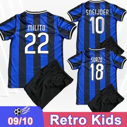 09 10 MILITO SNEIJDER Retro Kids kit Soccer Jerseys SUAZO Home Blue Black Football Shirts Short Sleeve Child Suit Uniforms