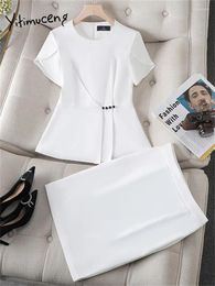 Two Piece Dress Yitimuceng Women Summer Skirt Suits 2024 Short Sleeve Slim Blazer High Waisted Pencil Fashion Office Ladies 2 Set