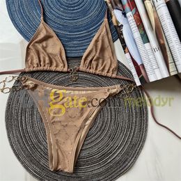 Sexy Mesh Bikini Set Shiny Rhinestone Letter Swinwear Lace Up Bra Biquinis Women Charm Chain Swimsuit