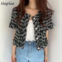 Women's Jackets Neploe Fashion All-match Woolen Black Plaid 2024 Single Breasted Tops Mujer Y2k Short Sleeve Cardigan Coat Women
