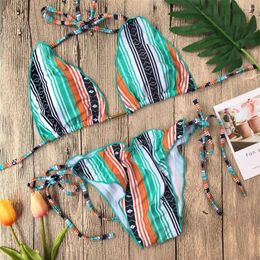 Women's Swimwear Boho Striped Bikini Ruched String Swimsuit Halter Lace Up Women Beach Outfit Triangle Bikinis Sets Bathing Suit Biquini